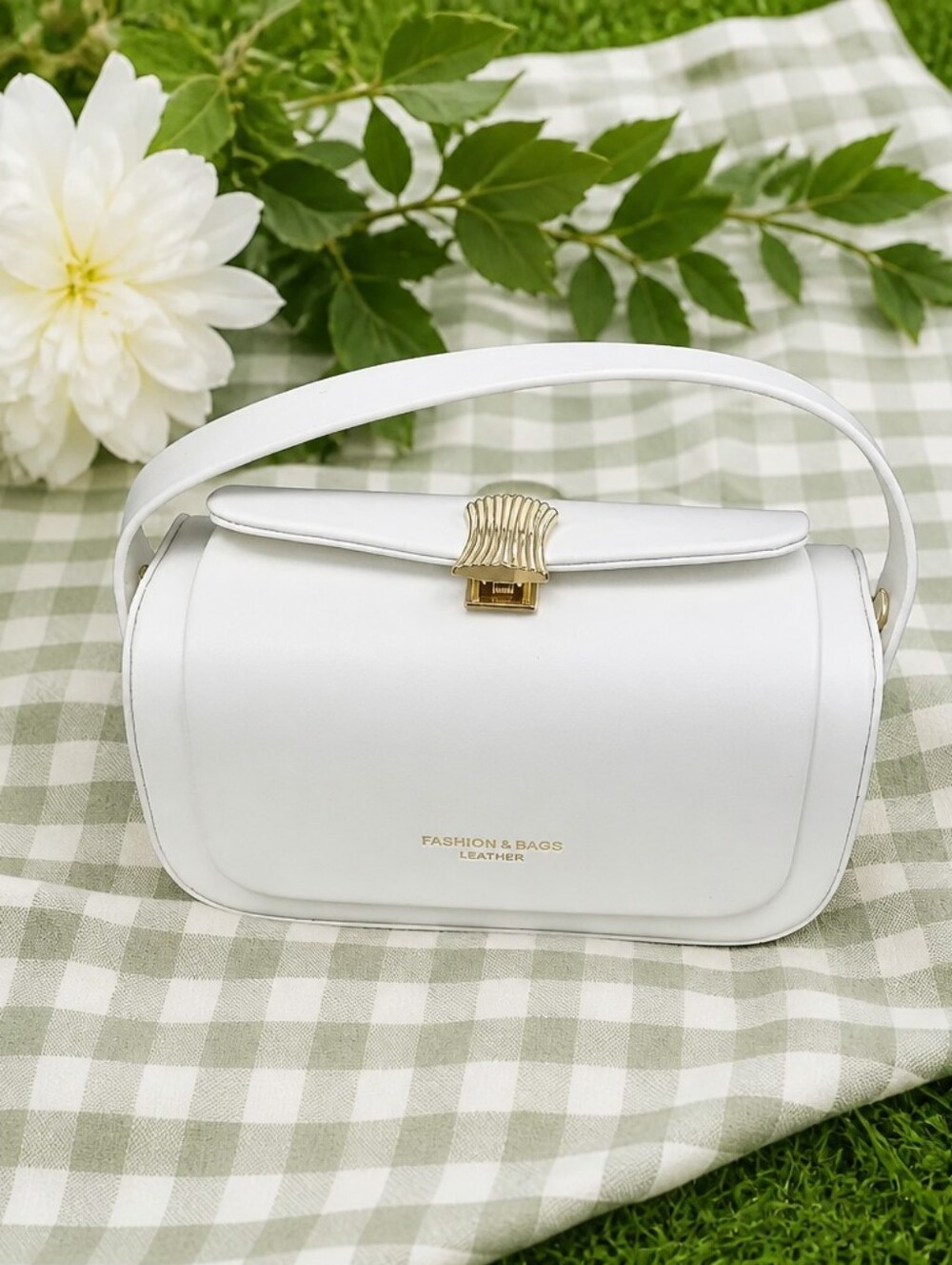 White Crossbody Shoulder Bag with Gold Clasp